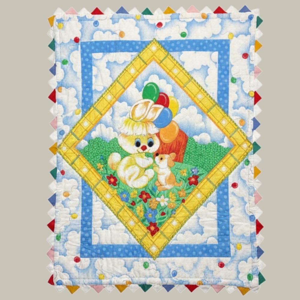 Handmade Vintage Baby Quilt Bunny Puppy Balloons Prairie Point Edge 32x38